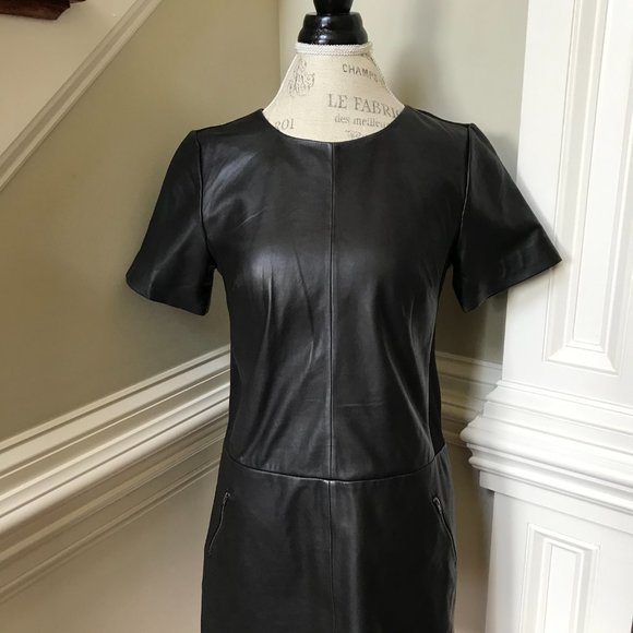 Halogen Leather Ponte Knit Shift Dress Womens Small Black Short Sleeve Crew Neck - Picture 4 of 13